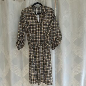 NY Collection Black and Cream Plaid Long Sleeve Dress